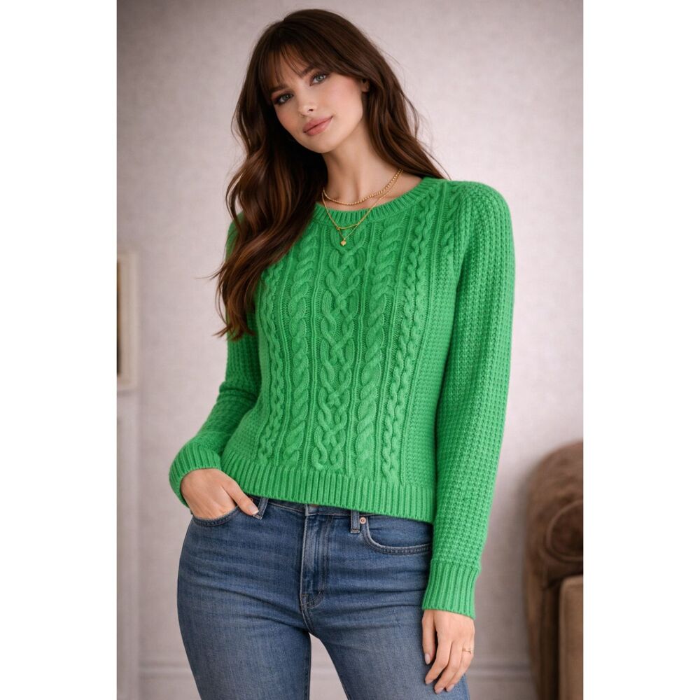 Lauren Ralph Lauren Green Cable Knit Cotton Sweater Preppy Fisherman Large